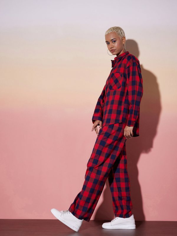 Lyush Women Red & Navy Check Shirt With Lounge Pants Online