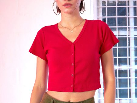 Lyush Women Red Front Button Crop Top Sale