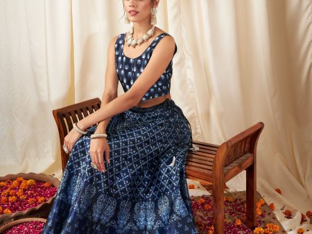 Lyush Women Navy Floral Anarkali Skirt With Crop Top on Sale