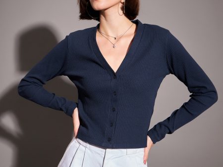 Lyush Women Navy Rib Front Open Cardigan Top Cheap