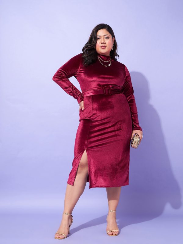 Lyush Women Maroon Velvet Front Slit Bodycon Dress Online Sale