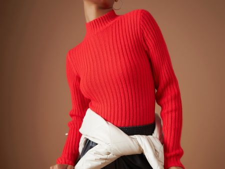 Lyush Women Red Rib Full Sleeves High Neck Sweater Online Sale