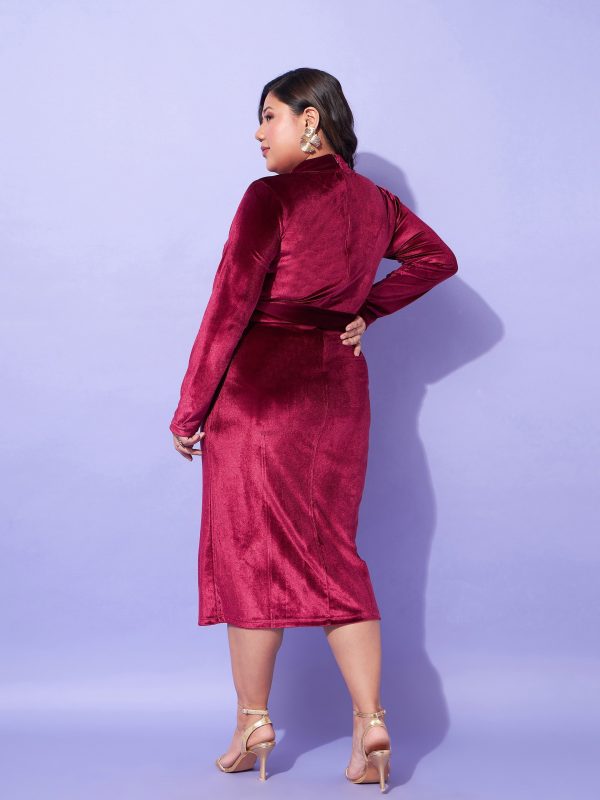 Lyush Women Maroon Velvet Front Slit Bodycon Dress Online Sale