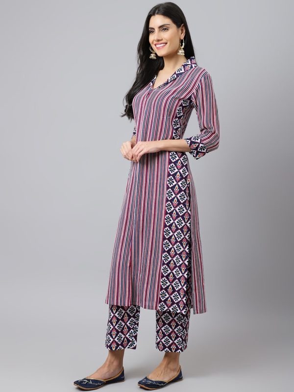 Khushal K Striped Shawl Collar Straight Kurta with Palazzos Fashion