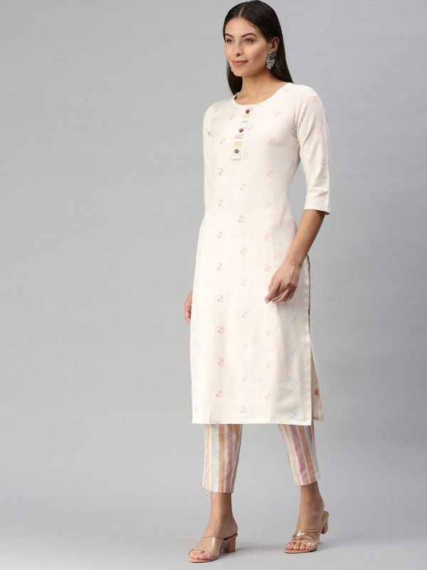 Kalini Women White Pure Cotton Geometric Woven Design Kurta with Trousers For Discount