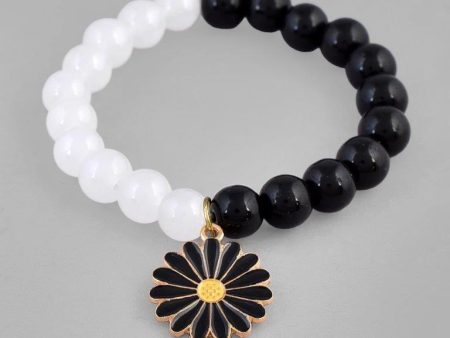 VOJ Black White Beads Black Flower Elastic Bracelet For Sale