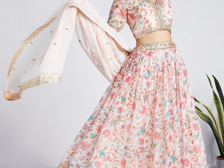 House of Panchhi Cream Colour Organza Floral Design Digital Print Lehenga Choli & Dupatta on Sale