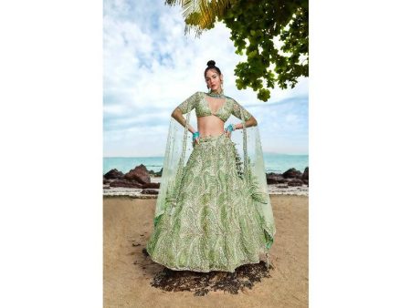 House of Panchhi Lime green Net Multi Sequins with heavy Zarkan embroidery Lehenga choli & Dupatta on Sale