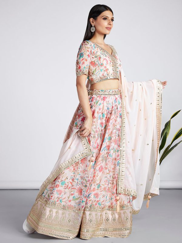 House of Panchhi Cream Colour Organza Floral Design Digital Print Lehenga Choli & Dupatta on Sale