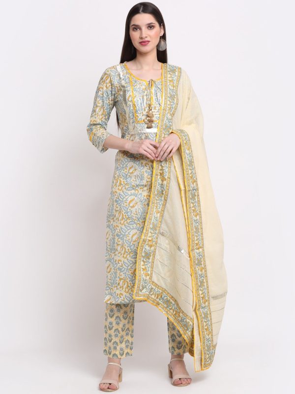 Kalini Women Yellow Ethnic Motifs Printed Pure Cotton Kurta with Trousers & With Online now