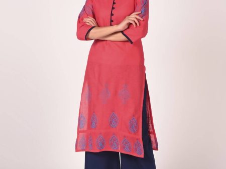 Cheera Hand Block print straight Kurta with Palazzo In Baby Pink & Dark Blue Fashion