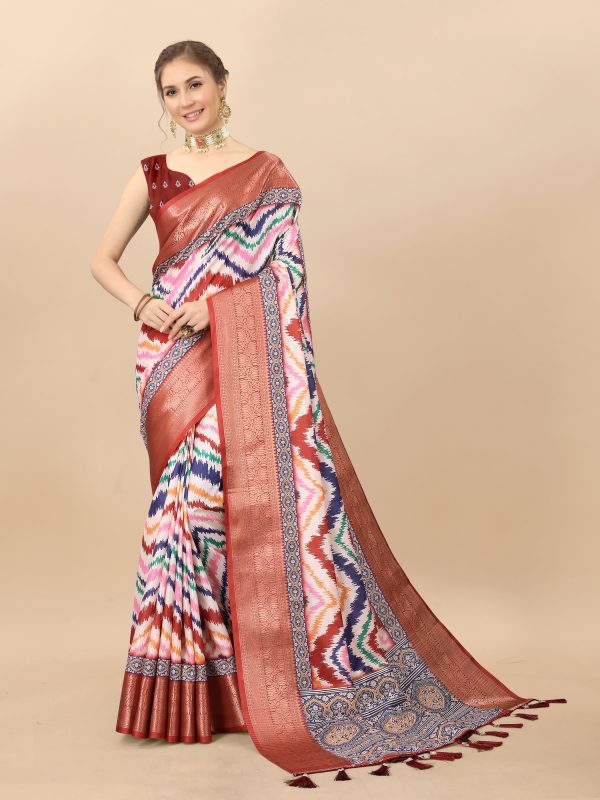 Lorenvalley Fashion Charming Zigzag Digital Print Saree With Heavy Rich Zari Border & Blouse - Mutlicolor Online now