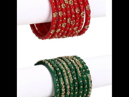 Afast Bridal Wedding & Party Fashionable Colorful Glass Bangle Kada Set, Pack Of 16 - Red, Green Supply