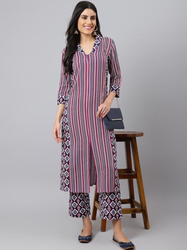 Khushal K Striped Shawl Collar Straight Kurta with Palazzos Fashion