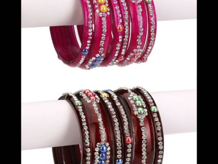 Afast Bridal Wedding & Party Fashionable Colorful Glass Bangle Kada Set, Pack Of 12 - Maroon, Pink Discount