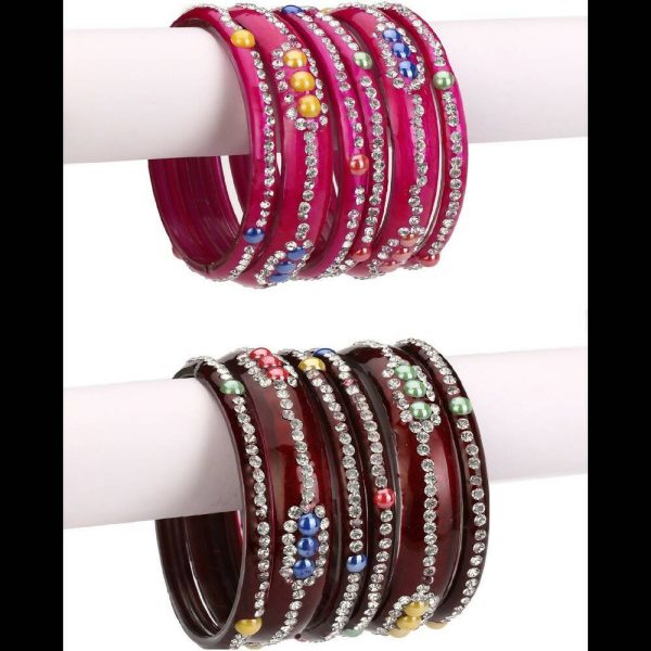 Afast Bridal Wedding & Party Fashionable Colorful Glass Bangle Kada Set, Pack Of 12 - Maroon, Pink Discount