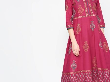 Cheera Hand Block Print Maroon Color Anarkali Kurta For Sale