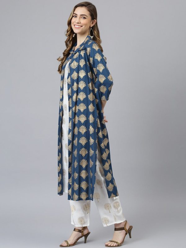 Khushal K Women Blue Ethnic Motifs Printed Kurta & Palazzos with Jacket Fashion