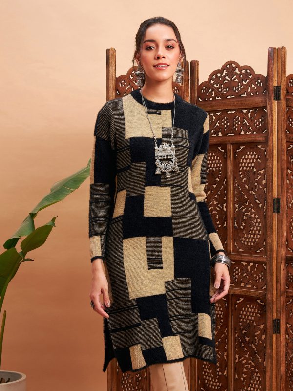 Lyush Women Black & Beige Hair Wool Straight Kurta on Sale