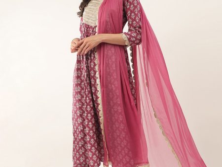 Khushal K Ethnic Motifs Printed Zari Sequined A-Line Kurta with Palazzos & Dupatta For Sale