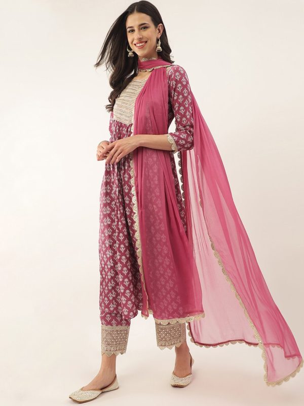 Khushal K Ethnic Motifs Printed Zari Sequined A-Line Kurta with Palazzos & Dupatta For Sale