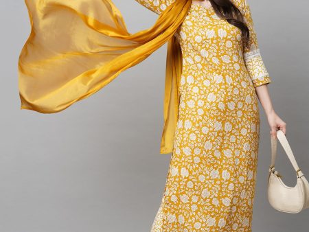 Kalini Women Yellow Floral Printed Kurta with Trousers & With Dupatta For Sale