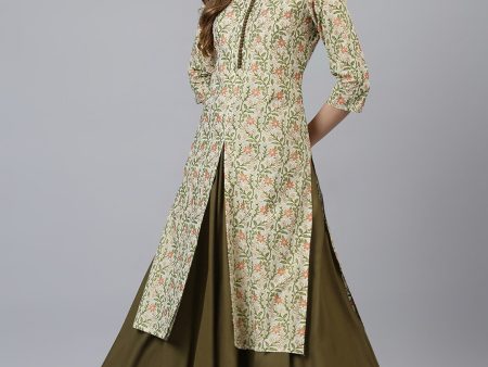 Khushal K Women Cream-Coloured Printed High Slit Kurta with Skirt Sale