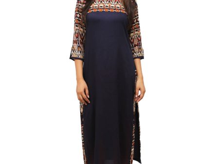 Women s Navy Printed Yoke And Sleeves, Round Neck Kurti - G & A Apparels For Cheap