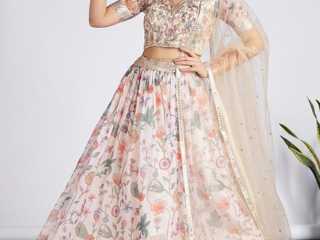 House of Panchhi Cream Colour Organza Floral Design Digital Print Lehenga Choli & Dupatta Supply