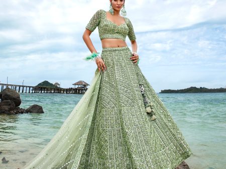 House of Panchhi Lime Green Net Sequins, Zarkan And Thread Embroidery Lehenga Choli & Dupatta Discount