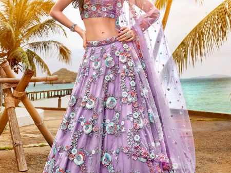 House of Panchhi Mauve Net Sequins & Zarkan Embroidery Lehenga Choli & Dupatta For Sale