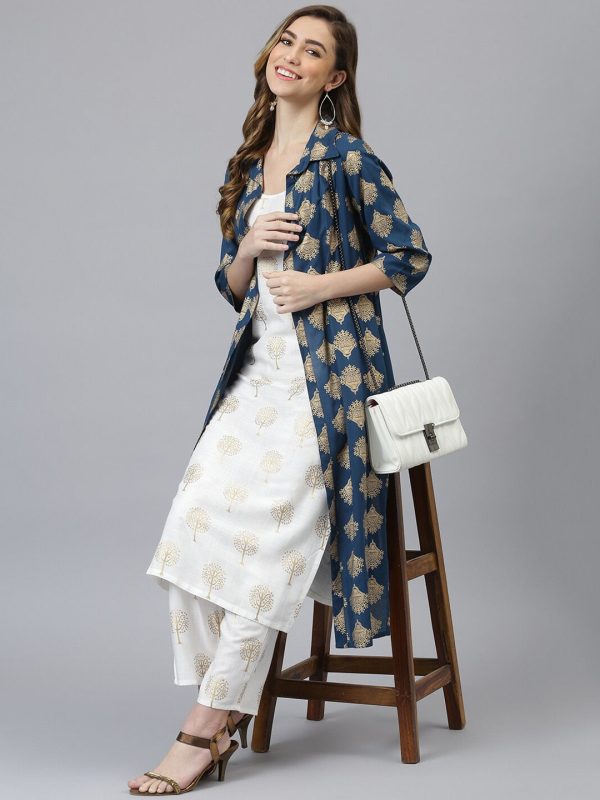 Khushal K Women Blue Ethnic Motifs Printed Kurta & Palazzos with Jacket Fashion