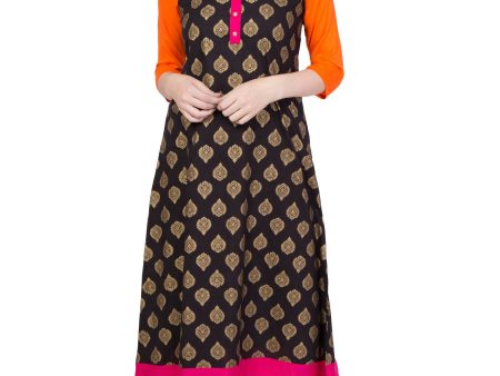 Women s Orange Round Neck Kurti With Contrast Panel In Printed Gold - G & A Apparels For Cheap