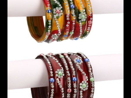 Afast Bridal Wedding & Party Fashionable Colorful Glass Bangle Kada Set, Pack Of 12 - Yellow, Maroon For Cheap