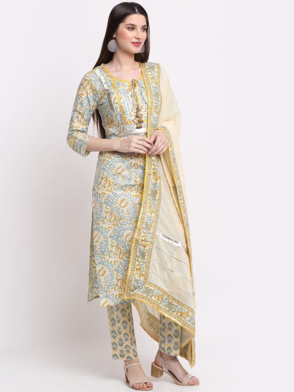 Kalini Women Yellow Ethnic Motifs Printed Pure Cotton Kurta with Trousers & With Online now