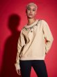 Lyush Women Beige Terry Neck Embroidered Reverse Terry Sweatshirt For Discount