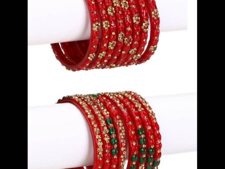 Afast Bridal Wedding & Party Fashionable Colorful Glass Bangle Kada Set, Pack Of 16 - Red For Sale