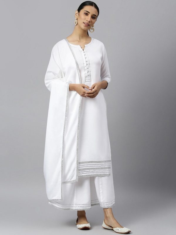 Khushal K Women White Yoke Design Kurta with Trousers & With Dupatta For Cheap