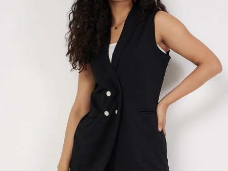 Lyush Women Black Double-Breast Sleeveless Longline Blazer Online Hot Sale