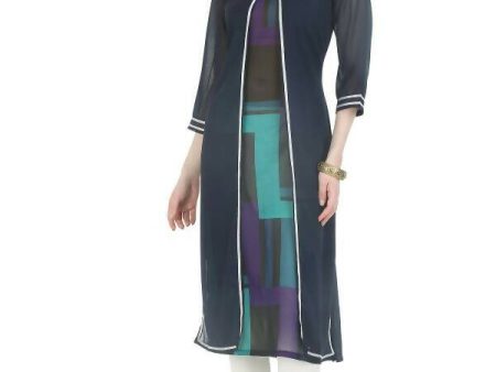 Women s Navy Round Neck Kurti With Double Panel, Silver Lace - G & A Apparels Cheap