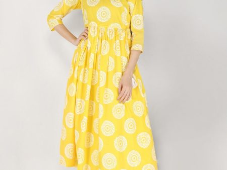 Kalini Women Yellow & White Ethnic Motifs Printed Floral Anarkali Pure Cotton Kurta Fashion