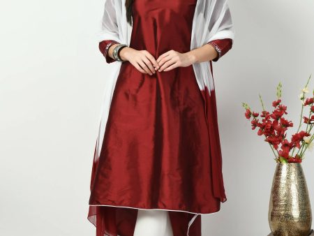 Women s Maroon Embroidered Polysilk Kurti With Lycra Pant Double Dyed Dupatta - G & A Apparels For Sale