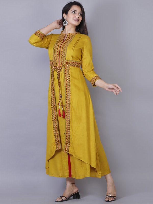 Kalini Women Yellow Ethnic Motifs Embroidered & Mirror Work Layered Regular Fit Kurta Discount