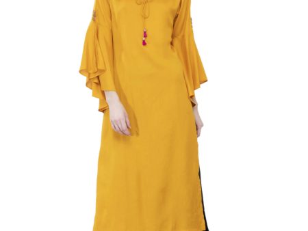 Women s Mustard Round Neck Kurti With Front Neck Opening And Dori, Flared Sleeves - G & A Apparels Supply