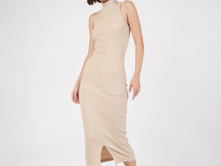 Lyush Women Beige Rib Turtle Neck Sleeveless Midi Dress For Discount