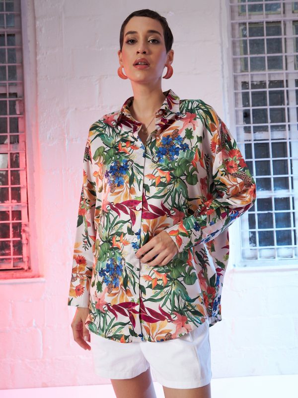 Lyush Women Beige Satin Floral Oversized Shirt Hot on Sale