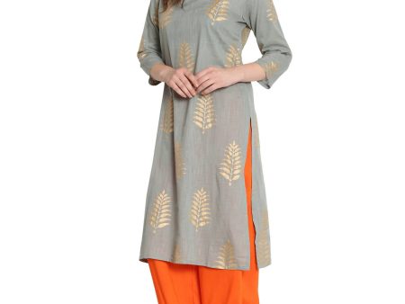 Women s Grey Gold Printed Kurti With Palazzo, Lace Work At Bottom Combined With Dupatta - G & A Apparels Supply