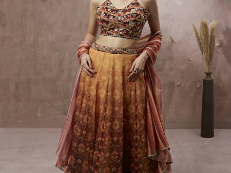 House of Panchhi Brown Organza Floral Print and sequinse work Lehenga choli & Dupatta Sale