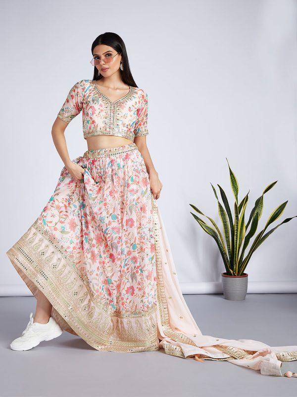 House of Panchhi Cream Colour Organza Floral Design Digital Print Lehenga Choli & Dupatta on Sale