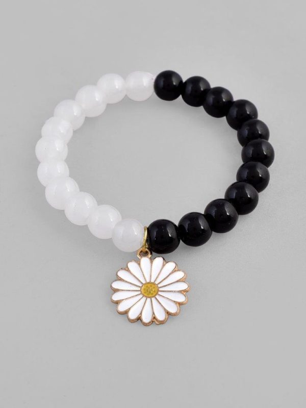 VOJ Black White Beads White Flower Elastic Bracelet For Cheap